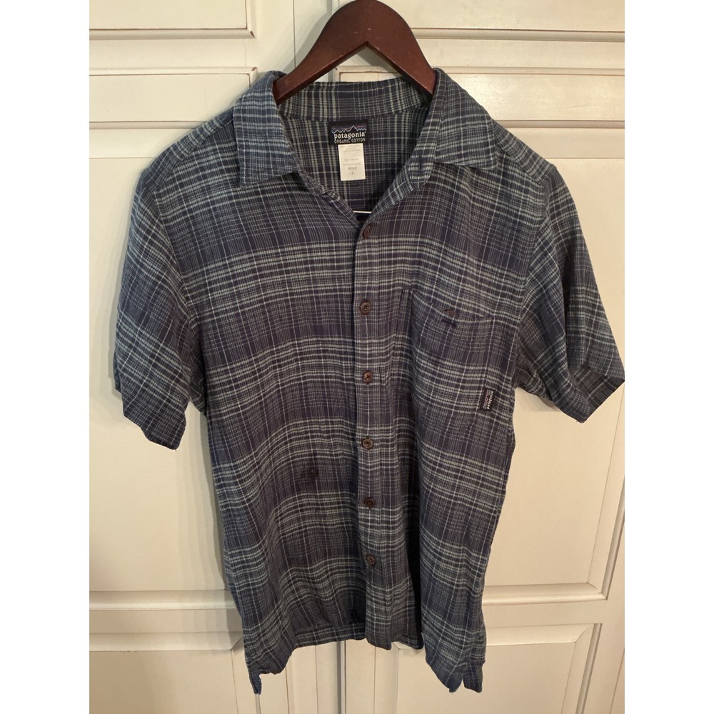 Patagonia Mens Small Organic Cotton Blue Plaid Short Sleeve Button Down Shirt